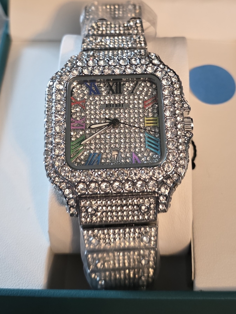 BIBI Luxury Iced-Out Square Watch with Multicolor Roman Numerals